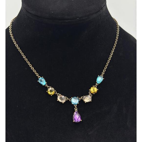 Avon 2009 Jeweltone Y Drop Multi Color Faceted Rhinestone Necklace Antique Tone - Picture 1 of 9